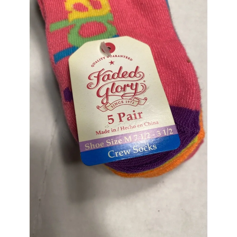 faded glory girls‎ crew socks 5 pairs size medium shoe 7.5 - 3.5